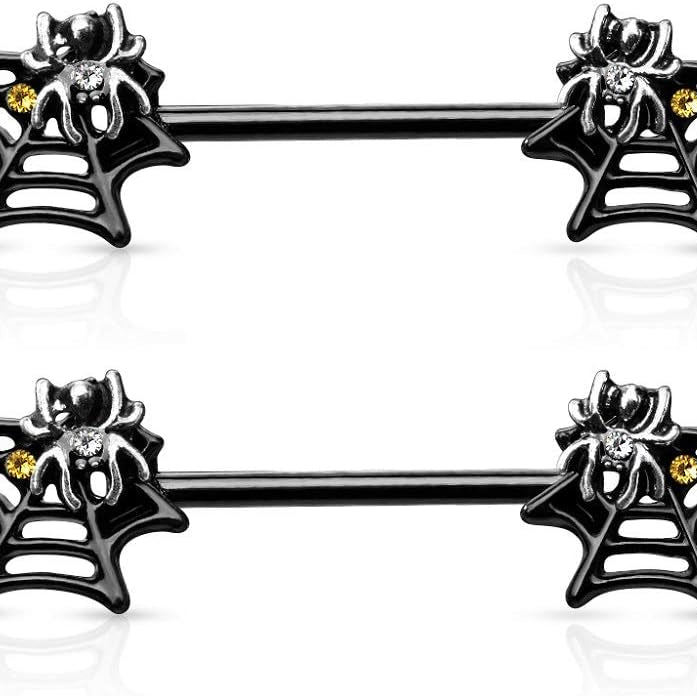 14G Stainless Steel CZ Crystal Black Spider Web Nipple Barbells, Sold as a Pair