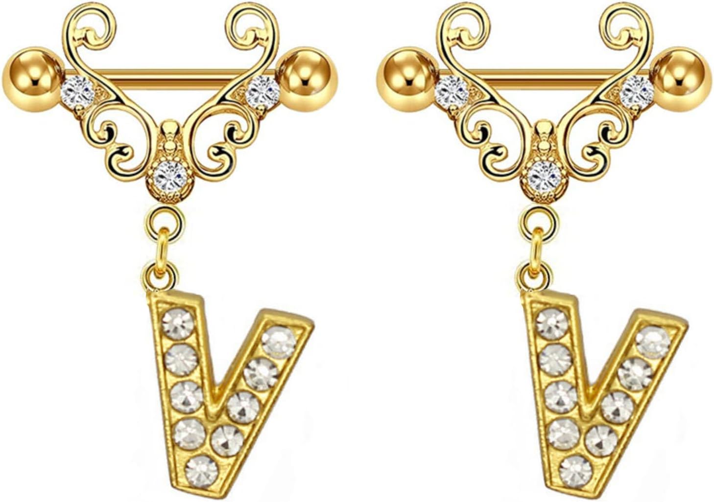 2Pcs Gold Nipple Rings Name Letter Dangle for Women 14GA 316L Surgical Steel Cubic Zirconia Hypoallergenic Nipple Piercing Jewelry