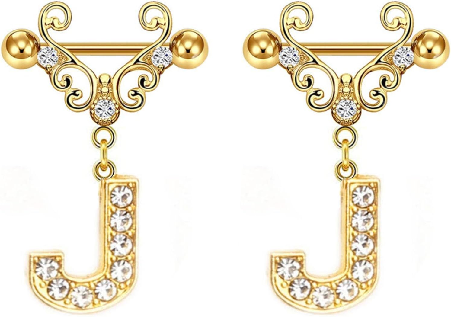 2Pcs Gold Nipple Rings Name Letter Dangle for Women 14GA 316L Surgical Steel Cubic Zirconia Hypoallergenic Nipple Piercing Jewelry
