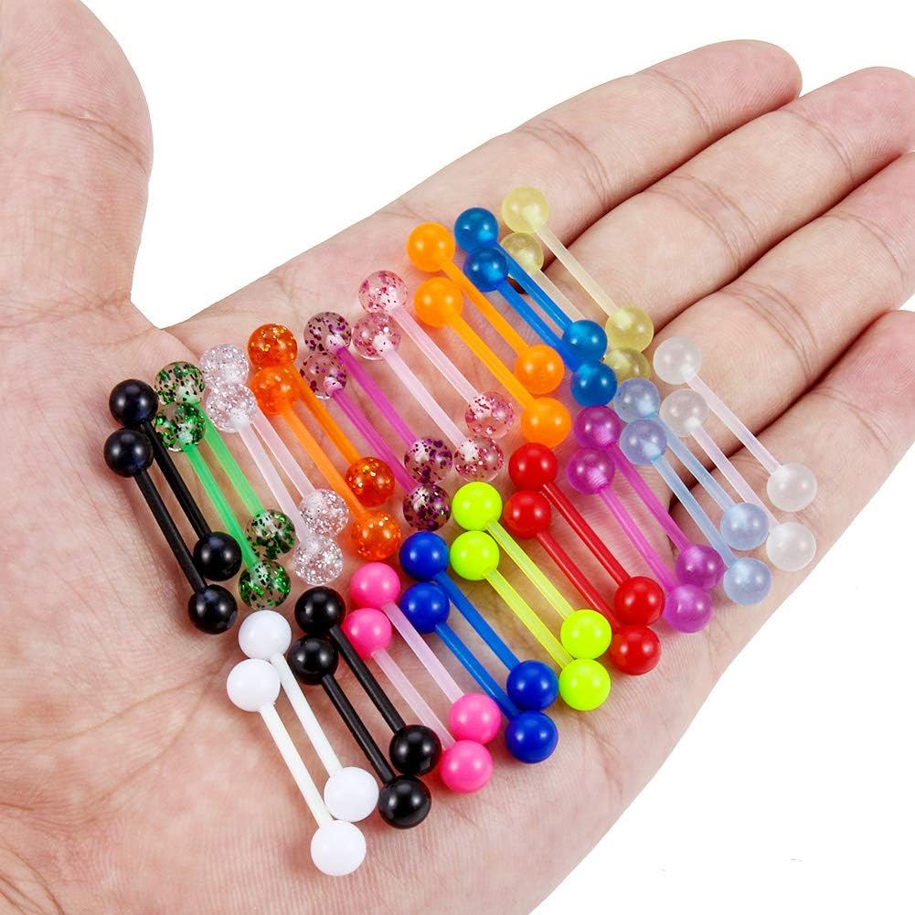 Ftovosyo 14G 16mm Glow in Dark Flexible Acrylic Straight Tongue Nipple Ring Retainer Body Piercing Jewelry for Women Men 6-36PCS