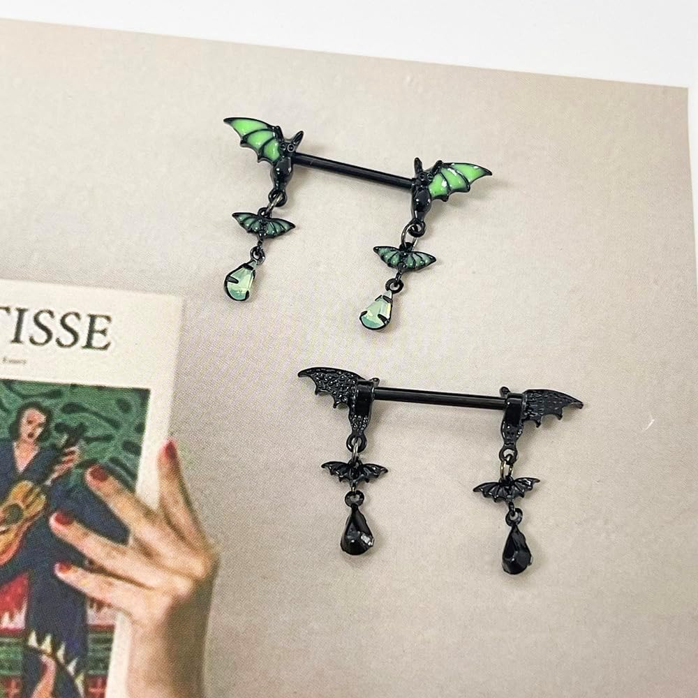 14G Green Bat Dangle Nipple Rings for Women 316L Stainless Steel Glow-In-The-Dark Nipplerings Nipple Studs Barbell Halloween Statement Nipple Piercing Jewelry