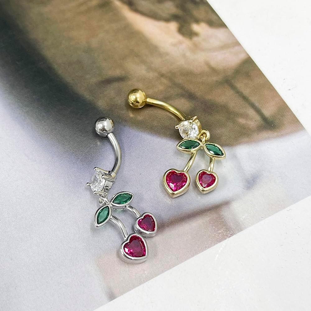 Cute Cherry Dangle Belly Button Rings 14G Stainless Steel Fruit Belly Navel Rings Internally Threaded Dangling