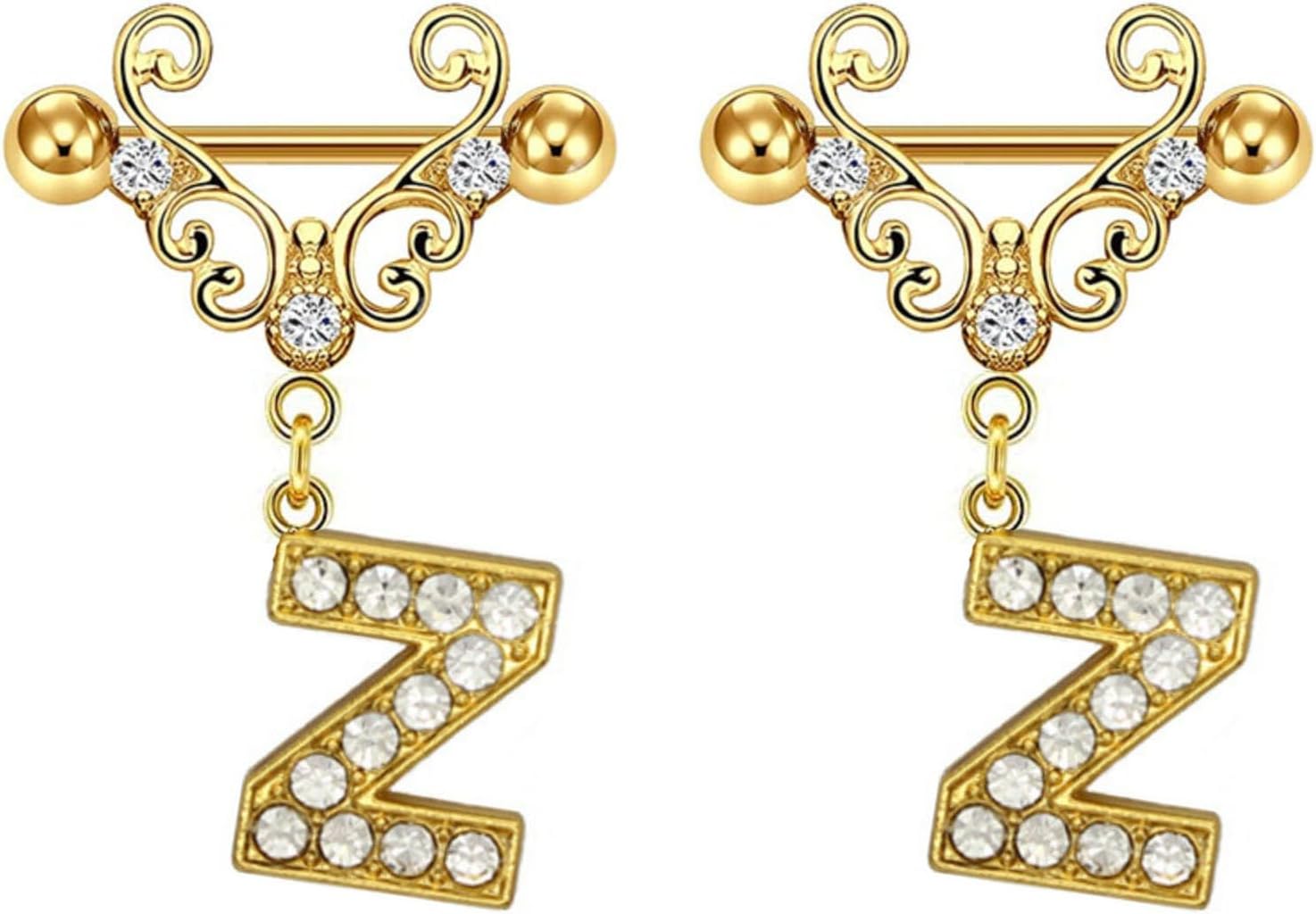 2Pcs Gold Nipple Rings Name Letter Dangle for Women 14GA 316L Surgical Steel Cubic Zirconia Hypoallergenic Nipple Piercing Jewelry