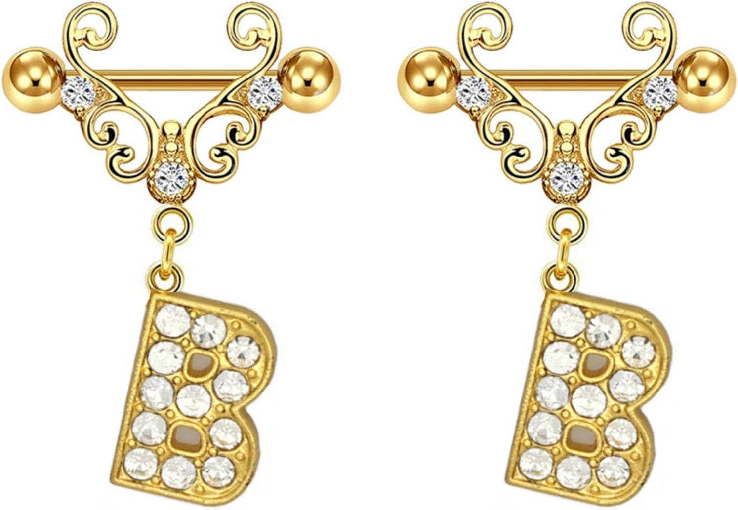 2Pcs Gold Nipple Rings Name Letter Dangle for Women 14GA 316L Surgical Steel Cubic Zirconia Hypoallergenic Nipple Piercing Jewelry