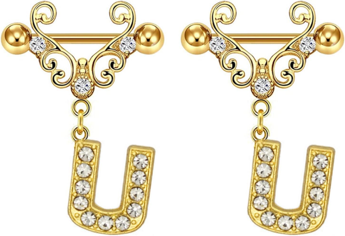 2Pcs Gold Nipple Rings Name Letter Dangle for Women 14GA 316L Surgical Steel Cubic Zirconia Hypoallergenic Nipple Piercing Jewelry