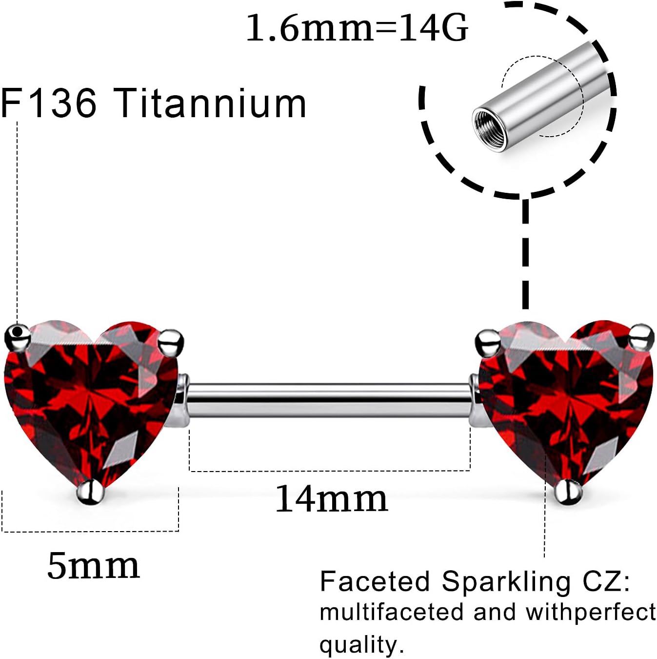 14G ASTM F136 Titanium Nipple Piercing Jewelry Heart CZ Nipple Barbell Jewelry Internally Threaded G23 Solid Titanium Nipple Piercing Barbell Ring Jewelry for Women Men 14 Gauge