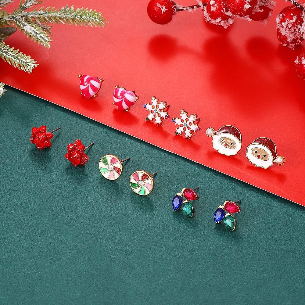 6/8/12 Pairs Christmas Stud Earrings Set Christmas Earrings for Women Christmas Tree Snowflake Candy Snowman Penguin Stud Earrings Christmas - 我的商店我的商店我的商店