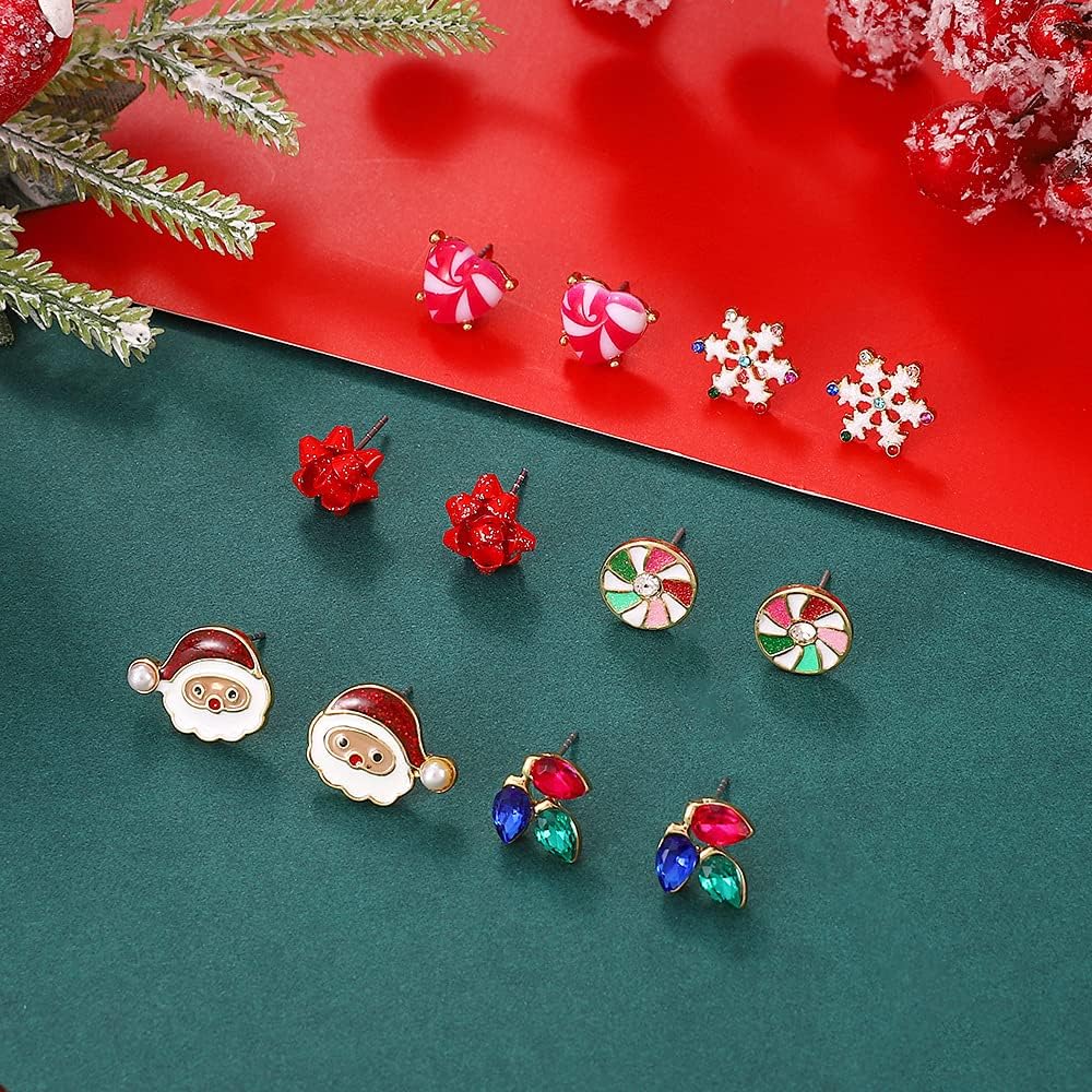 6/8/12 Pairs Christmas Stud Earrings Set Christmas Earrings for Women Christmas Tree Snowflake Candy Snowman Penguin Stud Earrings Christmas - 我的商店我的商店我的商店
