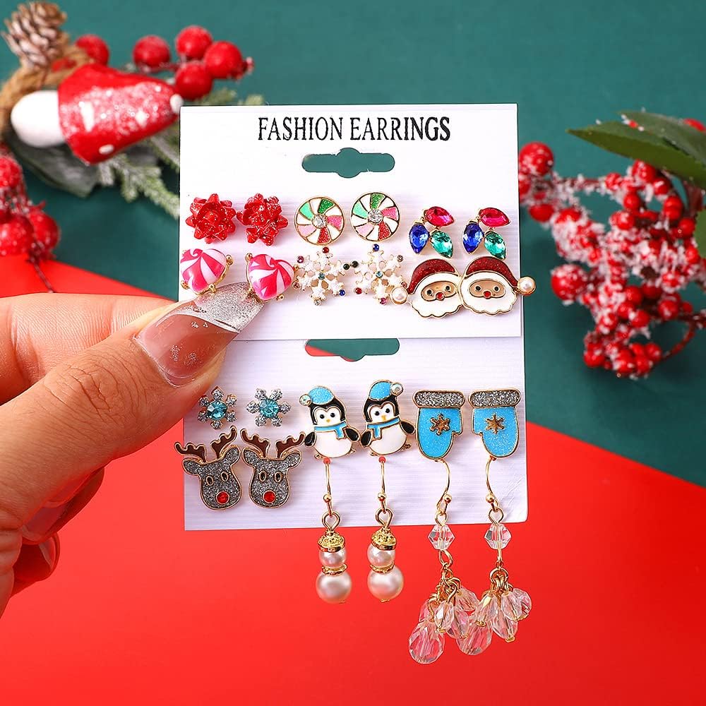 6/8/12 Pairs Christmas Stud Earrings Set Christmas Earrings for Women Christmas Tree Snowflake Candy Snowman Penguin Stud Earrings Christmas - 我的商店我的商店我的商店