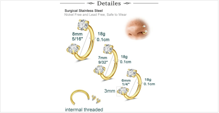 6mm 7mm 8mm 18g Horseshoe Nose Ring for Women Double Gem Horse Shoe Nose Ring Hoop Surgical Steel Gold Cartilage Helix Tragus Earring Hoops Labret Lip Piercing Jewelry Small Septum Rings 18g - QIAO Crystal我的商店QIAO Crystal
