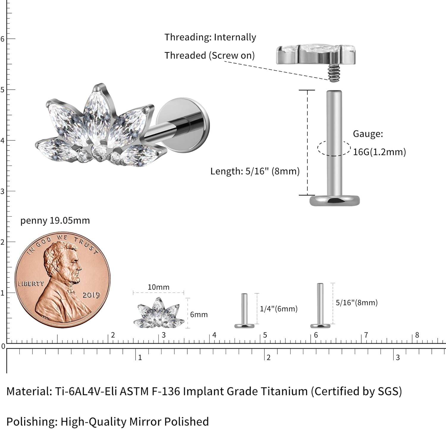 6mm 8mm ASTM F136 Titanium 16G Flatback Stud for Tragus Helix Conch - QIAO CrystalQIAO CrystalQIAO Crystal