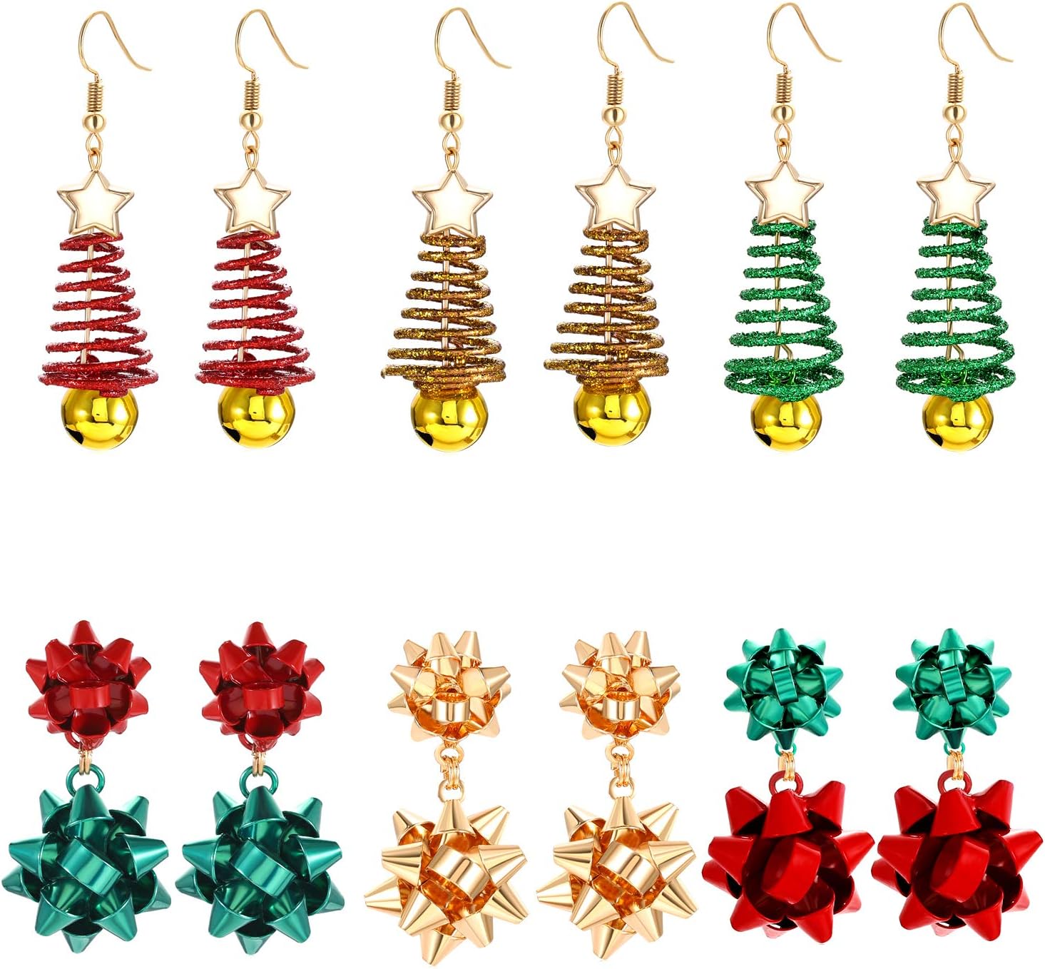 6Pairs Christmas Earrings Holiday Xmas Bow Earrings Glitter Light Bulb Dangle Earrings Hypoallergenic Stud Earrings for Women Christmas Holiday Jewelry - 我的商店我的商店我的商店