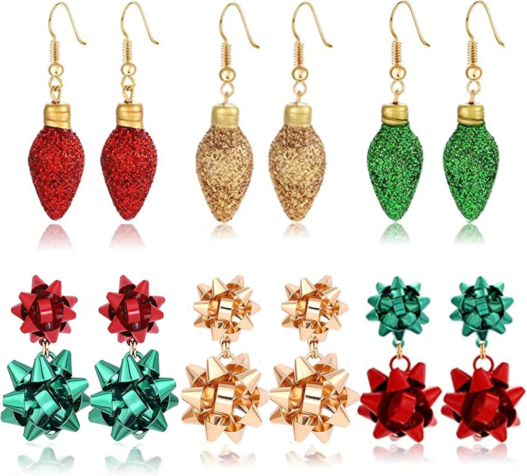 6Pairs Christmas Earrings Holiday Xmas Bow Earrings Glitter Light Bulb Dangle Earrings Hypoallergenic Stud Earrings for Women Christmas Holiday Jewelry - 我的商店我的商店我的商店