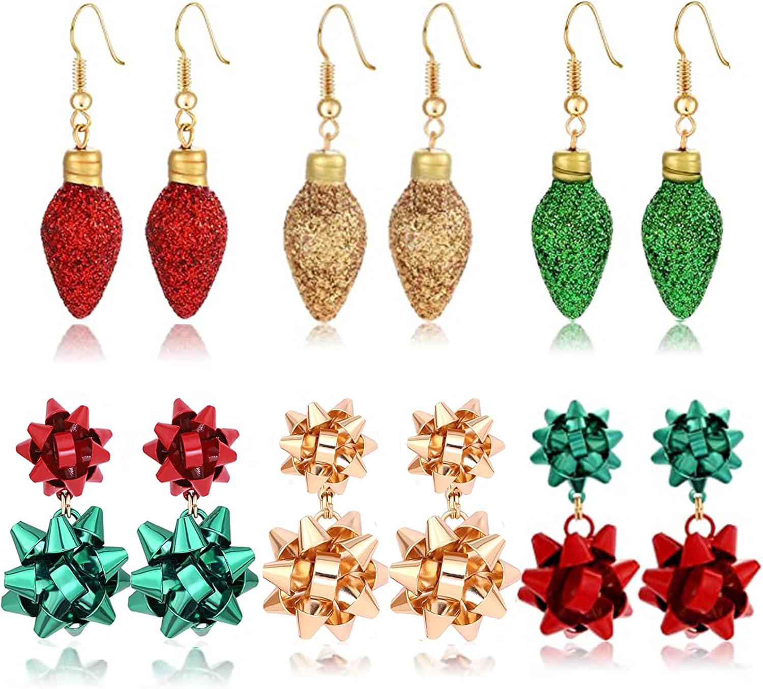 6Pairs Christmas Earrings Holiday Xmas Bow Earrings Glitter Light Bulb Dangle Earrings Hypoallergenic Stud Earrings for Women Christmas Holiday Jewelry - 我的商店我的商店我的商店