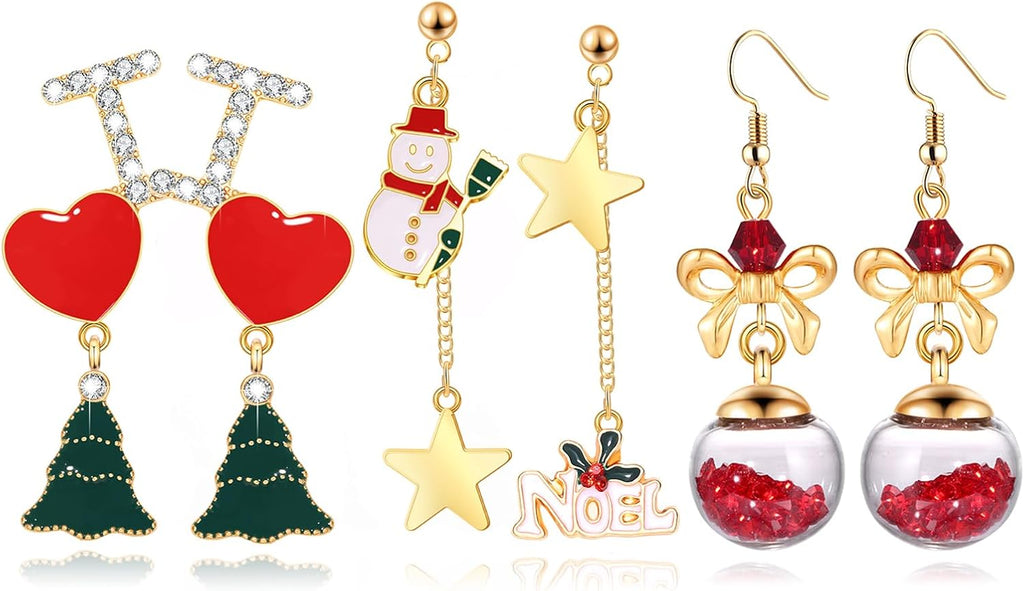 6Pairs Christmas Earrings Holiday Xmas Bow Earrings Glitter Light Bulb Dangle Earrings Hypoallergenic Stud Earrings for Women Christmas Holiday Jewelry - 我的商店我的商店我的商店