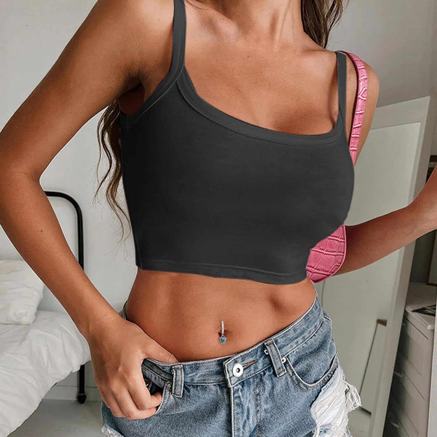 6pc Belly Ring Set - Hypoallergenic Steel 14G Dangle Navel Piercing Jewelry - Heart CZ Stones Silver, Pink, Blue, Red - 我的商店我的商店我的商店