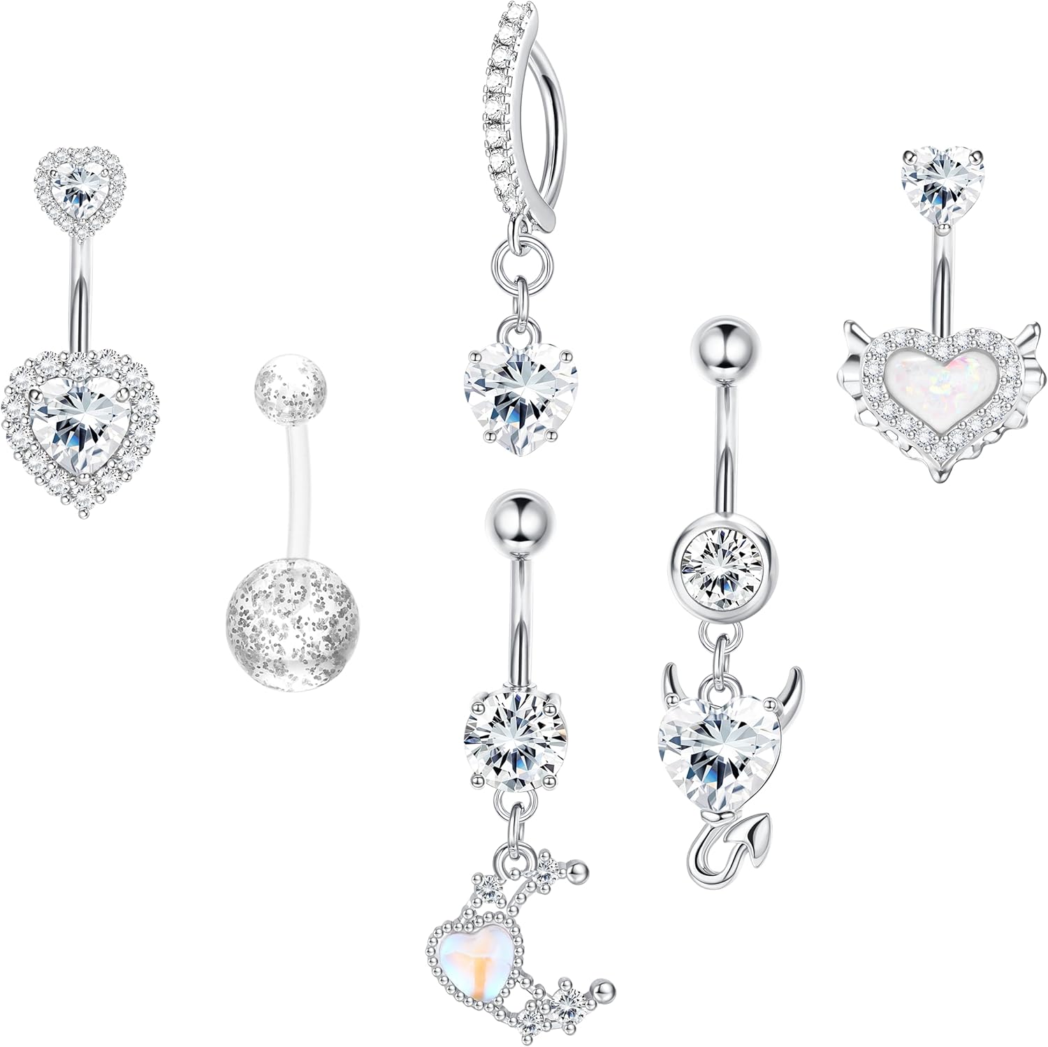 6pc Belly Ring Set - Hypoallergenic Steel 14G Dangle Navel Piercing Jewelry - Heart CZ Stones Silver, Pink, Blue, Red - 我的商店我的商店我的商店