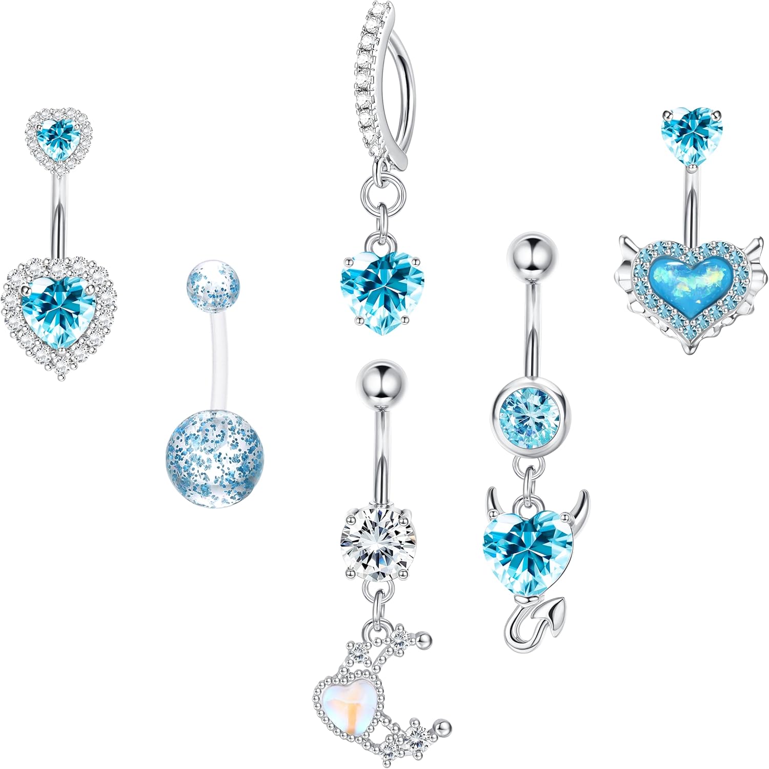 6pc Belly Ring Set - Hypoallergenic Steel 14G Dangle Navel Piercing Jewelry - Heart CZ Stones Silver, Pink, Blue, Red - 我的商店我的商店我的商店