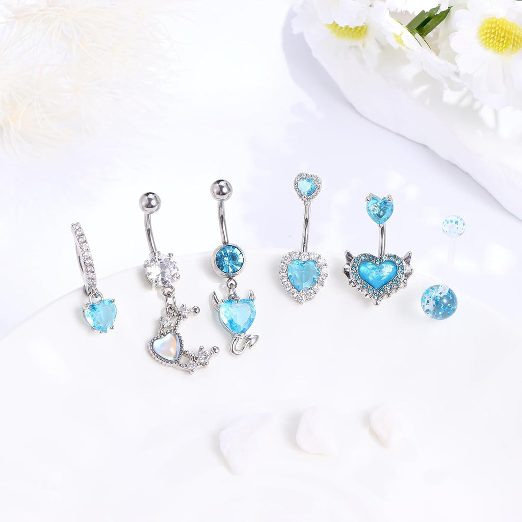 6pc Belly Ring Set - Hypoallergenic Steel 14G Dangle Navel Piercing Jewelry - Heart CZ Stones Silver, Pink, Blue, Red - 我的商店我的商店我的商店