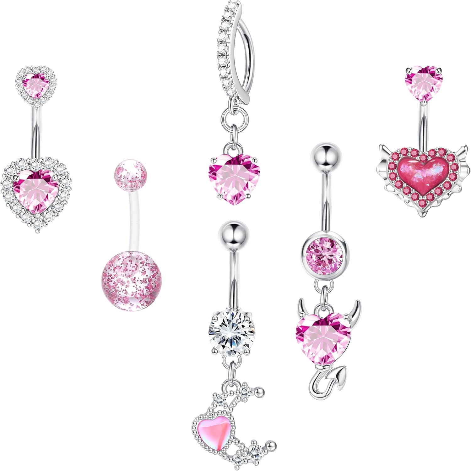 6pc Belly Ring Set - Hypoallergenic Steel 14G Dangle Navel Piercing Jewelry - Heart CZ Stones Silver, Pink, Blue, Red - 我的商店我的商店我的商店