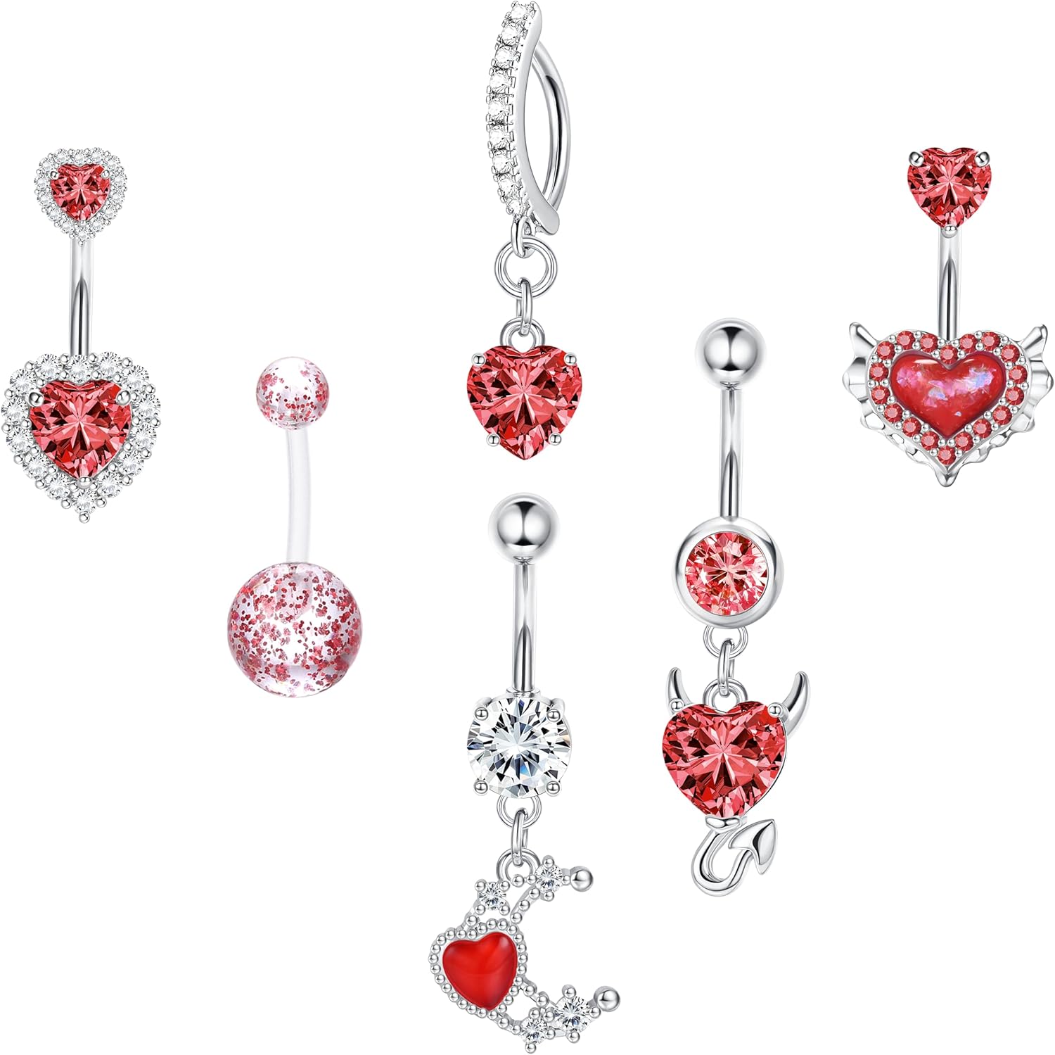 6pc Belly Ring Set - Hypoallergenic Steel 14G Dangle Navel Piercing Jewelry - Heart CZ Stones Silver, Pink, Blue, Red - 我的商店我的商店我的商店
