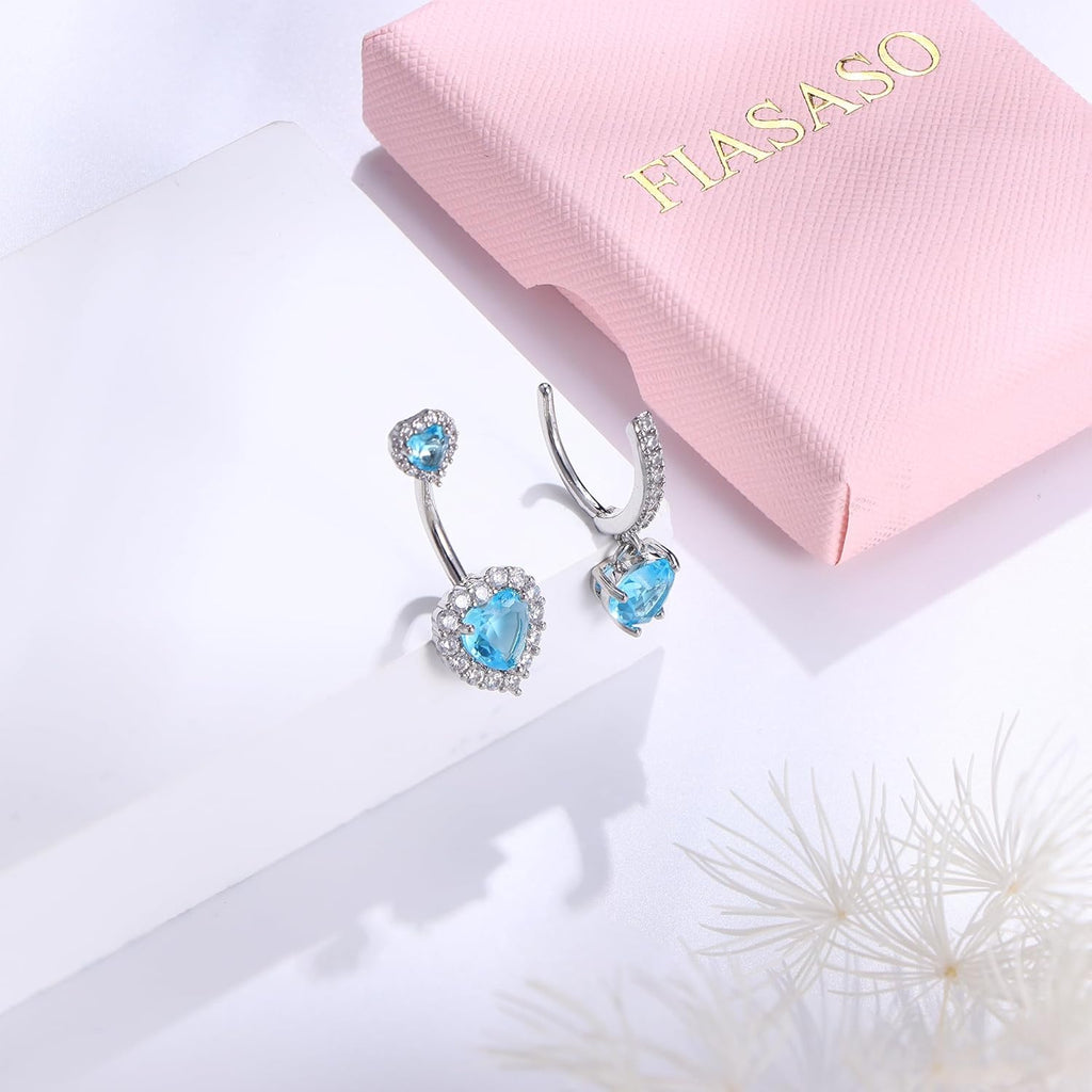 6pc Belly Ring Set - Hypoallergenic Steel 14G Dangle Navel Piercing Jewelry - Heart CZ Stones Silver, Pink, Blue, Red - 我的商店我的商店我的商店