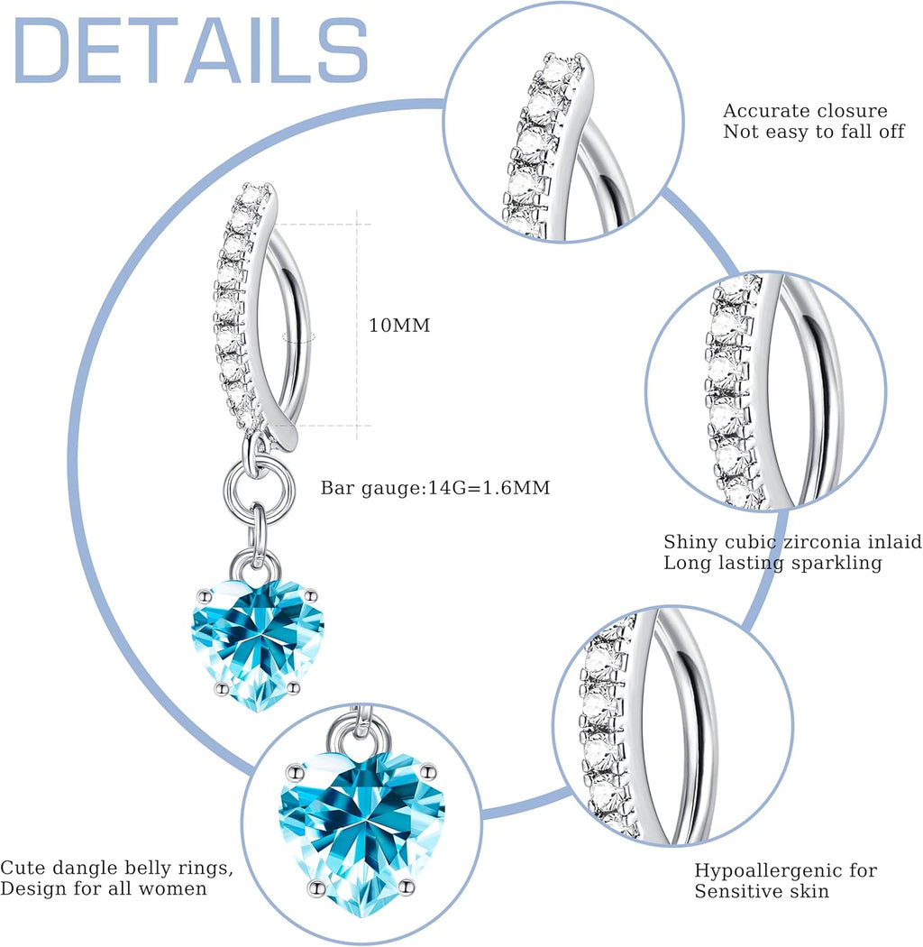 6pc Belly Ring Set - Hypoallergenic Steel 14G Dangle Navel Piercing Jewelry - Heart CZ Stones Silver, Pink, Blue, Red - 我的商店我的商店我的商店