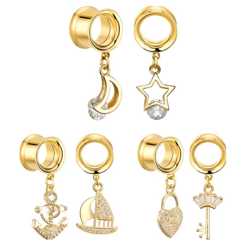 6PCS Set Gold Crystal Large Dangle Ear Gauges Tunnels Plug Stretching Tapers Expander - QIAO CrystalQIAO CrystalQIAO Crystal