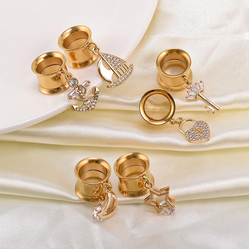 6PCS Set Gold Crystal Large Dangle Ear Gauges Tunnels Plug Stretching Tapers Expander - QIAO CrystalQIAO CrystalQIAO Crystal