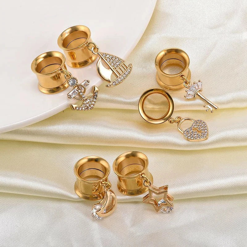 6PCS Gold Crystal Large Dangle Ear Gauges Tunnels Plug Set