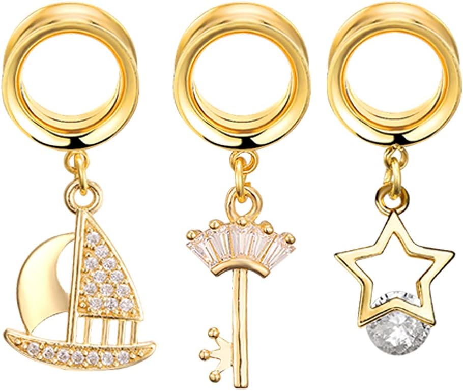 6PCS Set Gold Crystal Large Dangle Ear Gauges Tunnels Plug Stretching Tapers Expander - QIAO CrystalQIAO CrystalQIAO Crystal