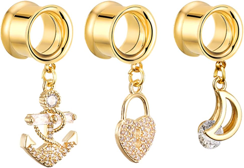 6PCS Set Gold Crystal Large Dangle Ear Gauges Tunnels Plug Stretching Tapers Expander - QIAO CrystalQIAO CrystalQIAO Crystal