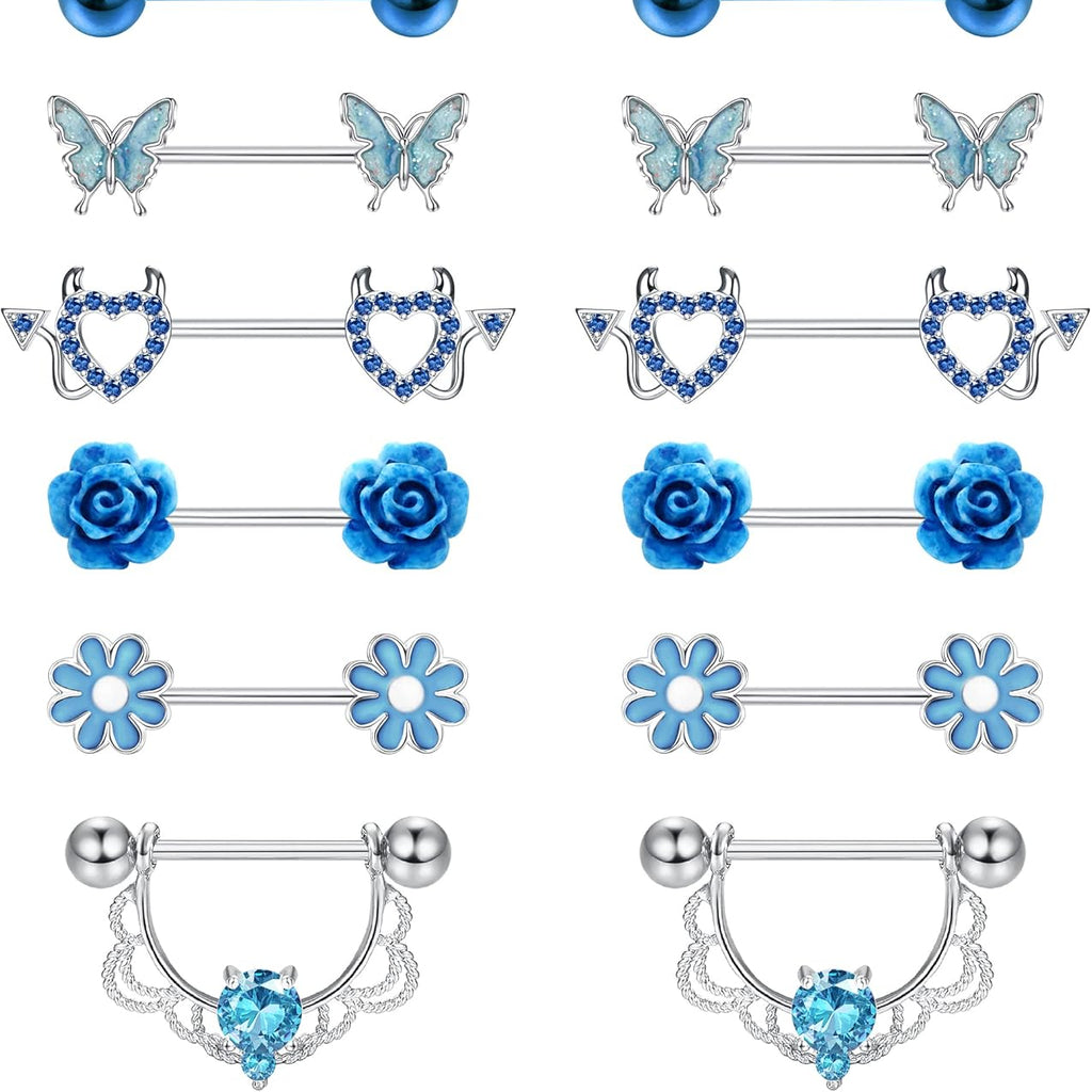 7 Pairs 14G Nipple Rings for Women 316L Stainless Steel Heart Butterfly CZ Flower Barbell Nipple Rings Set Cute Nipplerings Piercing Jewelry - QIAO CrystalQIAO CrystalQIAO Crystal