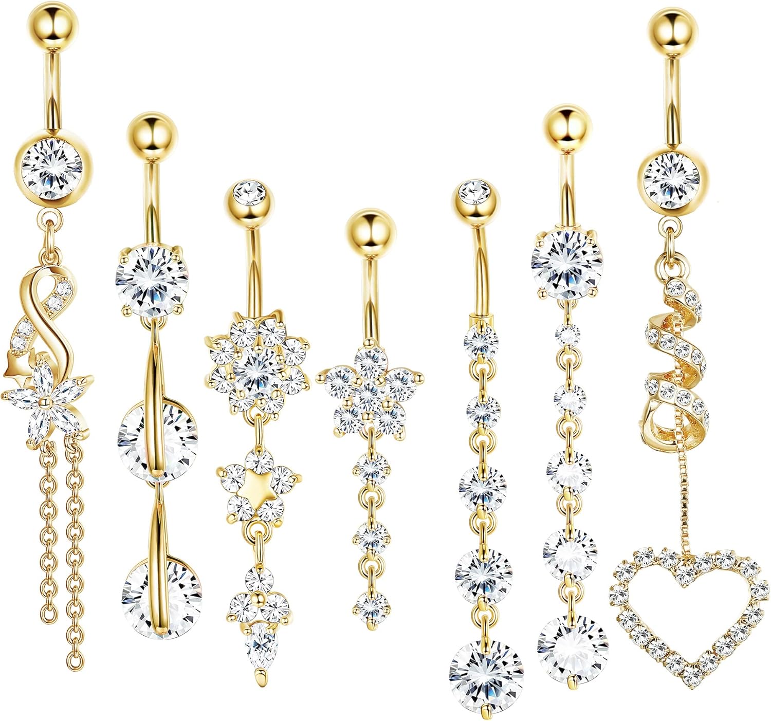 7 Pcs 14G Dangle Belly Button Rings for Women 316L Surgical Steel Curved Navel Barbell Body Jewelry Piercing - 我的商店我的商店我的商店