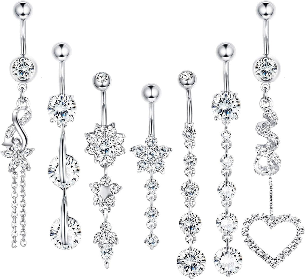 7 Pcs 14G Dangle Belly Button Rings for Women 316L Surgical Steel Curved Navel Barbell Body Jewelry Piercing - 我的商店我的商店我的商店