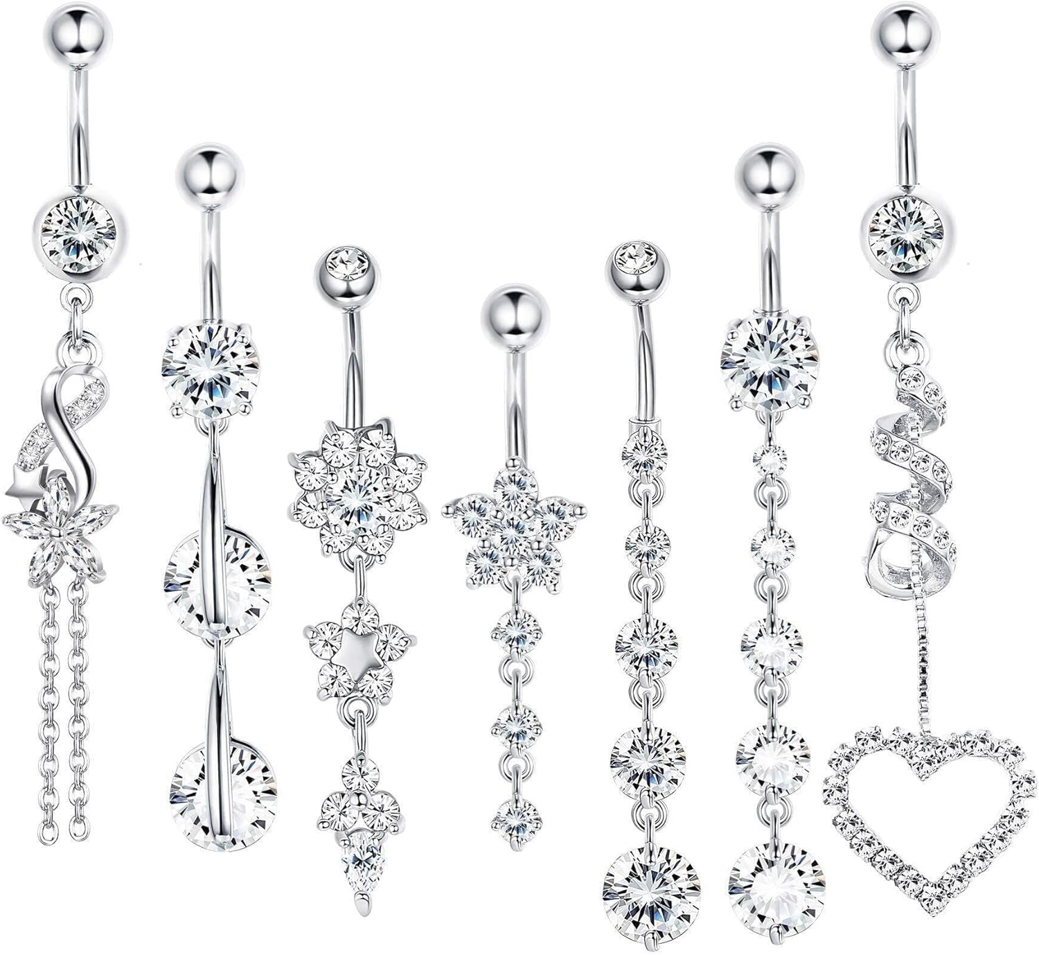 7 Pcs 14G Dangle Belly Button Rings for Women 316L Surgical Steel Curved Navel Barbell Body Jewelry Piercing - 我的商店我的商店我的商店