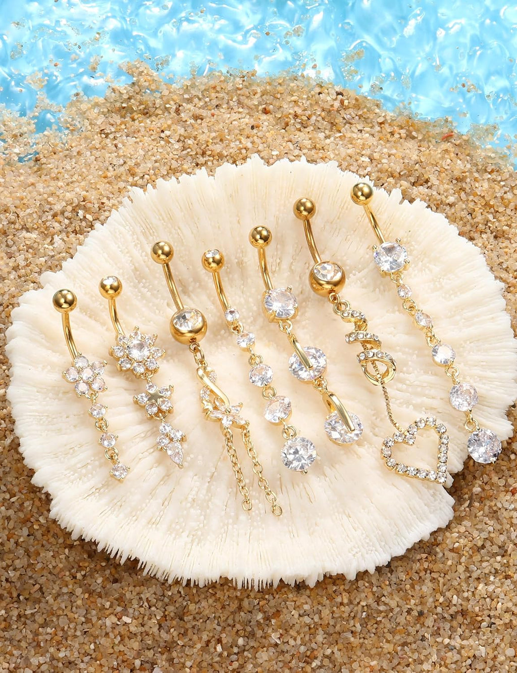 7 Pcs 14G Dangle Belly Button Rings for Women 316L Surgical Steel Curved Navel Barbell Body Jewelry Piercing - 我的商店我的商店我的商店