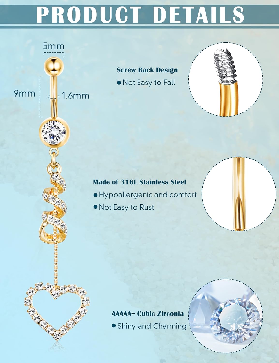 7 Pcs 14G Dangle Belly Button Rings for Women 316L Surgical Steel Curved Navel Barbell Body Jewelry Piercing - 我的商店我的商店我的商店