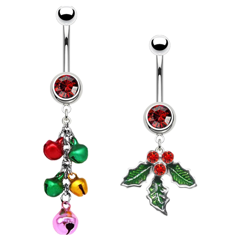 316L 2 PCS Christmas Dangle Mistletoe Belly Button Rings 14G Stainless Steel Jingling Bell Navel Rings for Women Belly Piercing Jewelry