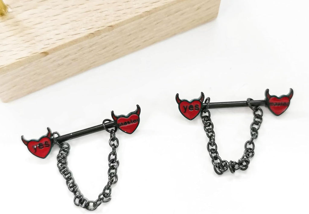 14G Devil Heart Nipple Rings for Women Surgical Steel Yes Master Naughty Words Dangle Chains Nipplerings Nipple Studs Barbell Nipple Piercing Jewelry