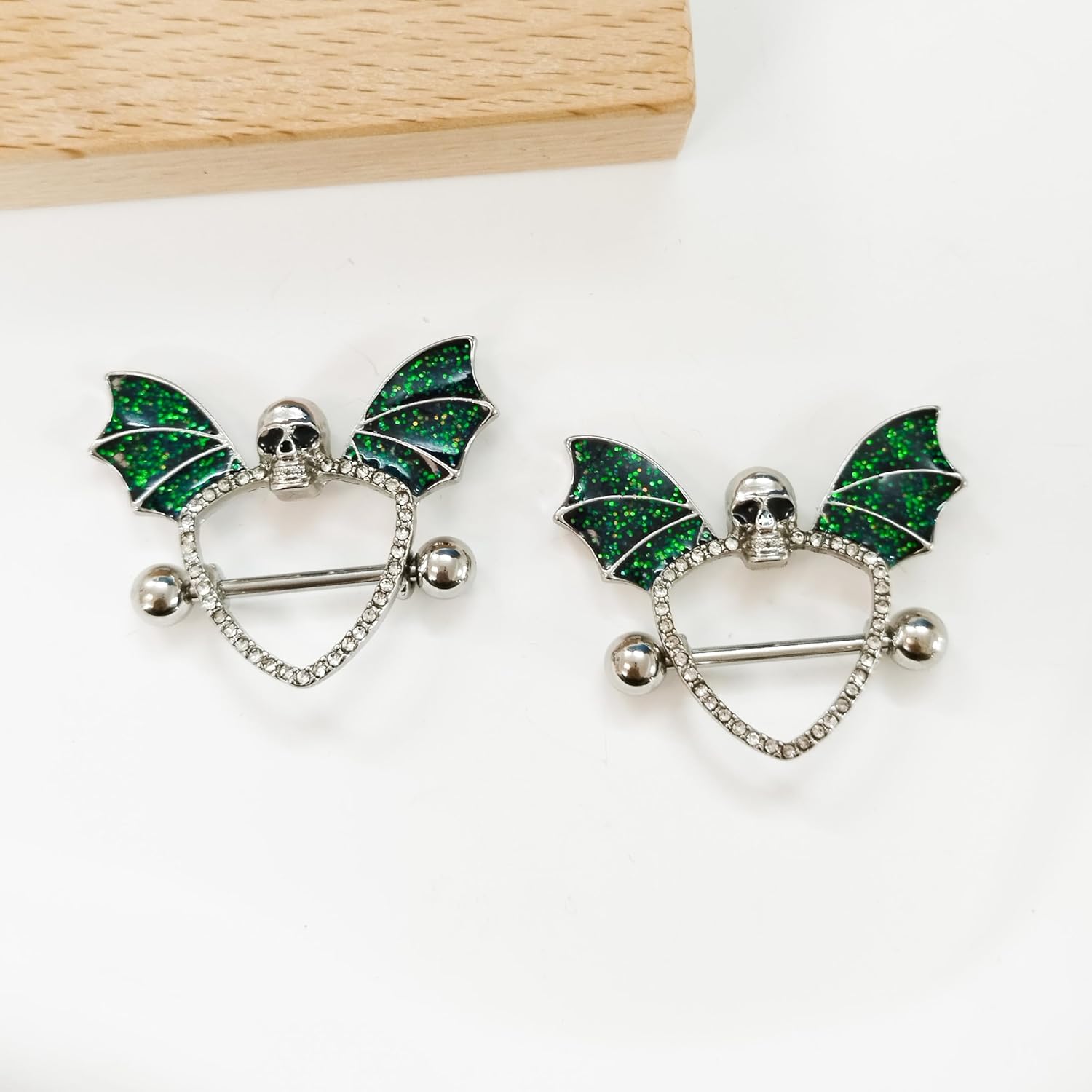 14G Green Bat Skull Nipple Rings for Women Surgical Stainless Steel Skeleton Nipplerings Nipple Studs Barbells Halloween Body Piercing Jewelry