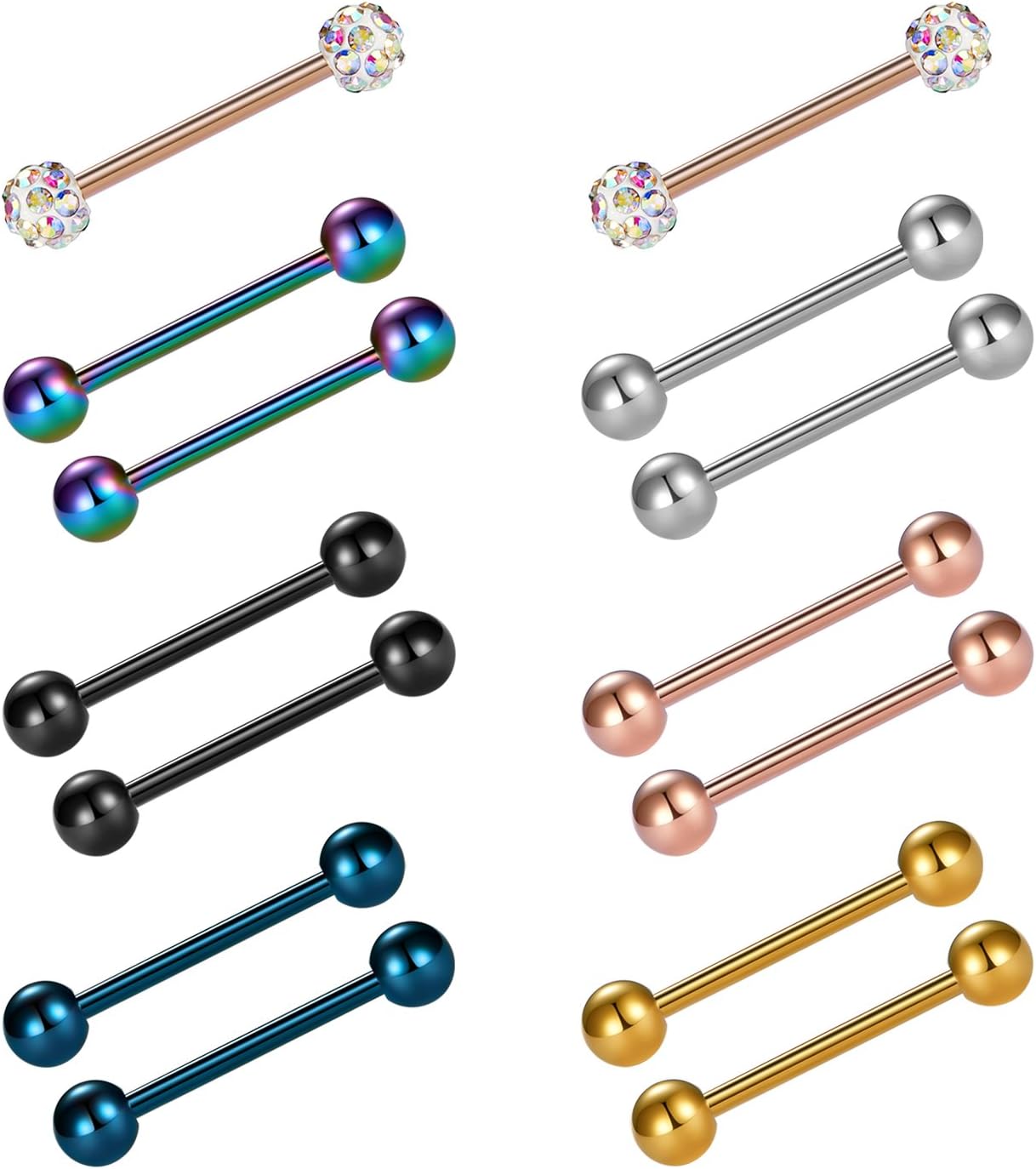 VCMART 12mm-18mm 14G Tongue Rings Nipple Straight Barbells Surgical Steel Body Piercing Jewelry