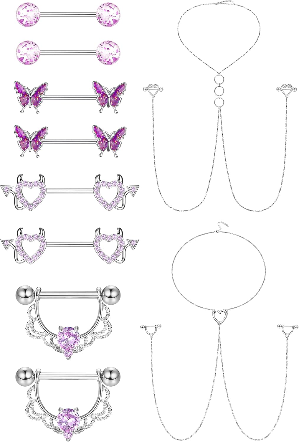 JOERICA 14G Stainless Steel Nipple Rings for Women CZ Butterfly Heart Nipple Rings with Choker Necklace Nipple Barbell Body Piercing Jewelry