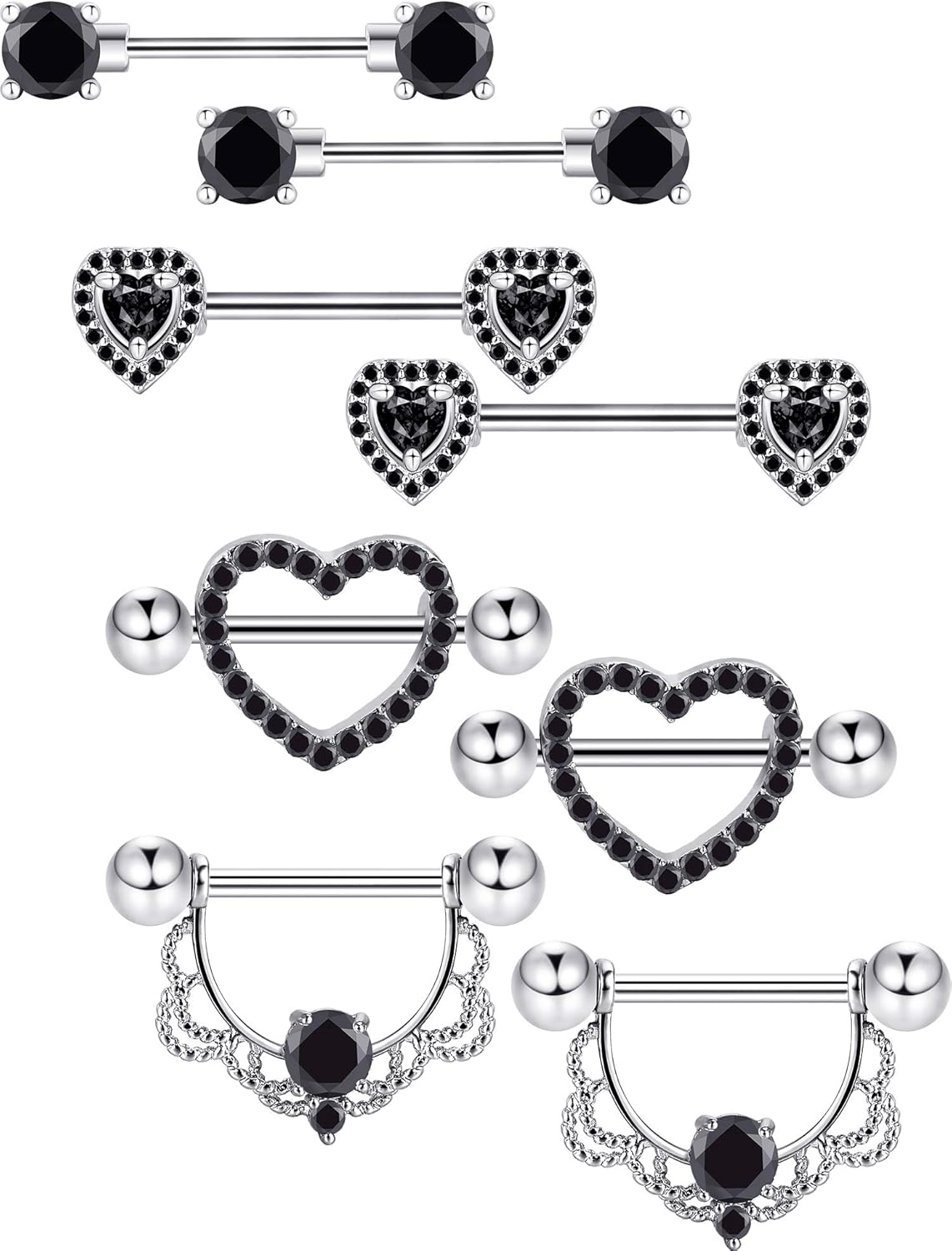 Tatuo 4 Pairs Stainless Steel Nipple Tongue Rings Piercing Body Jewelry Barbell CZ Heart Shape Rings for Women Girls(Silver Bar and AB Color Zirconia)