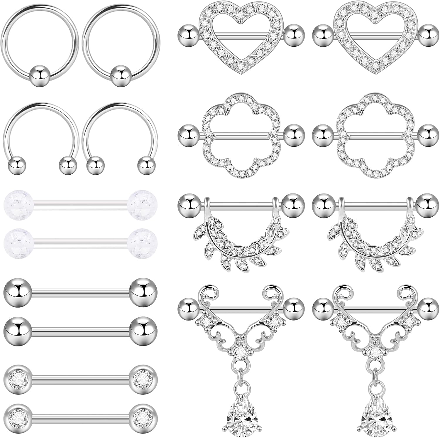 14G Nipple Rings 5-8 Pairs Stainless Steel Nipple Niercing Jewelry Heart Dangle Barbell Tongue Rings Set Cute Pink CZ Nipple Jewelry