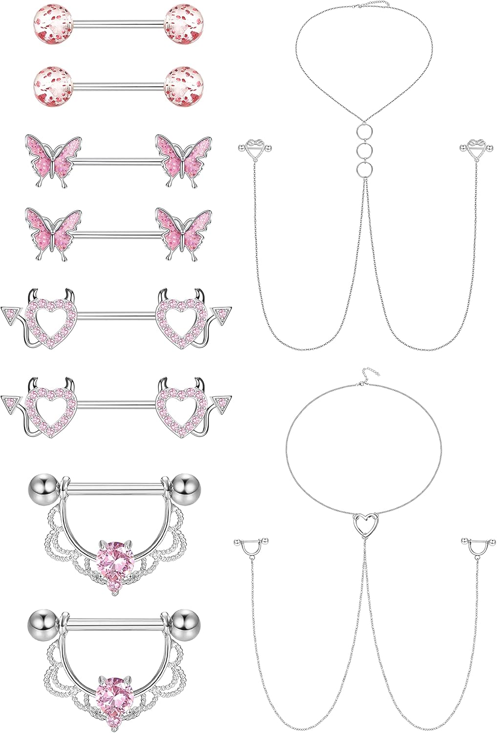 JOERICA 14G Stainless Steel Nipple Rings for Women CZ Butterfly Heart Nipple Rings with Choker Necklace Nipple Barbell Body Piercing Jewelry