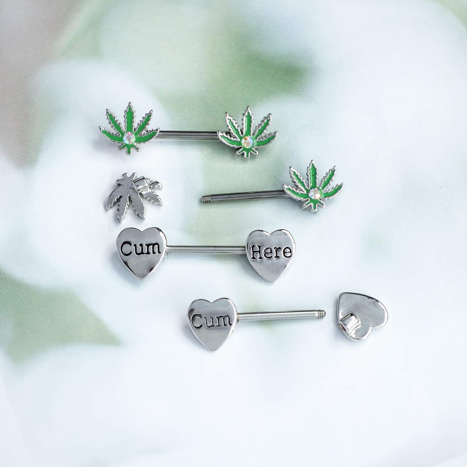4 Pcs 14G Marijuana Leaf Nipple Rings Surgical Steel and Letter Letter Set Nipple Barbell for Women Men Body Piercing