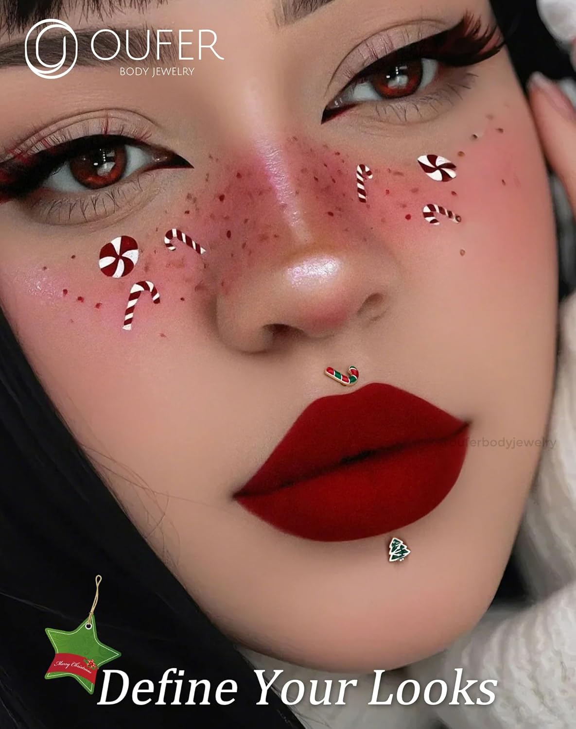 OUFER Lip Piercing Jewelry, 3PCS Christmas Elements 16G Lip Rings, 316L Surgical Steel Labret Lip Piercing Jewelry, Cartilage Helix Tragus Earrings For Women And Menv