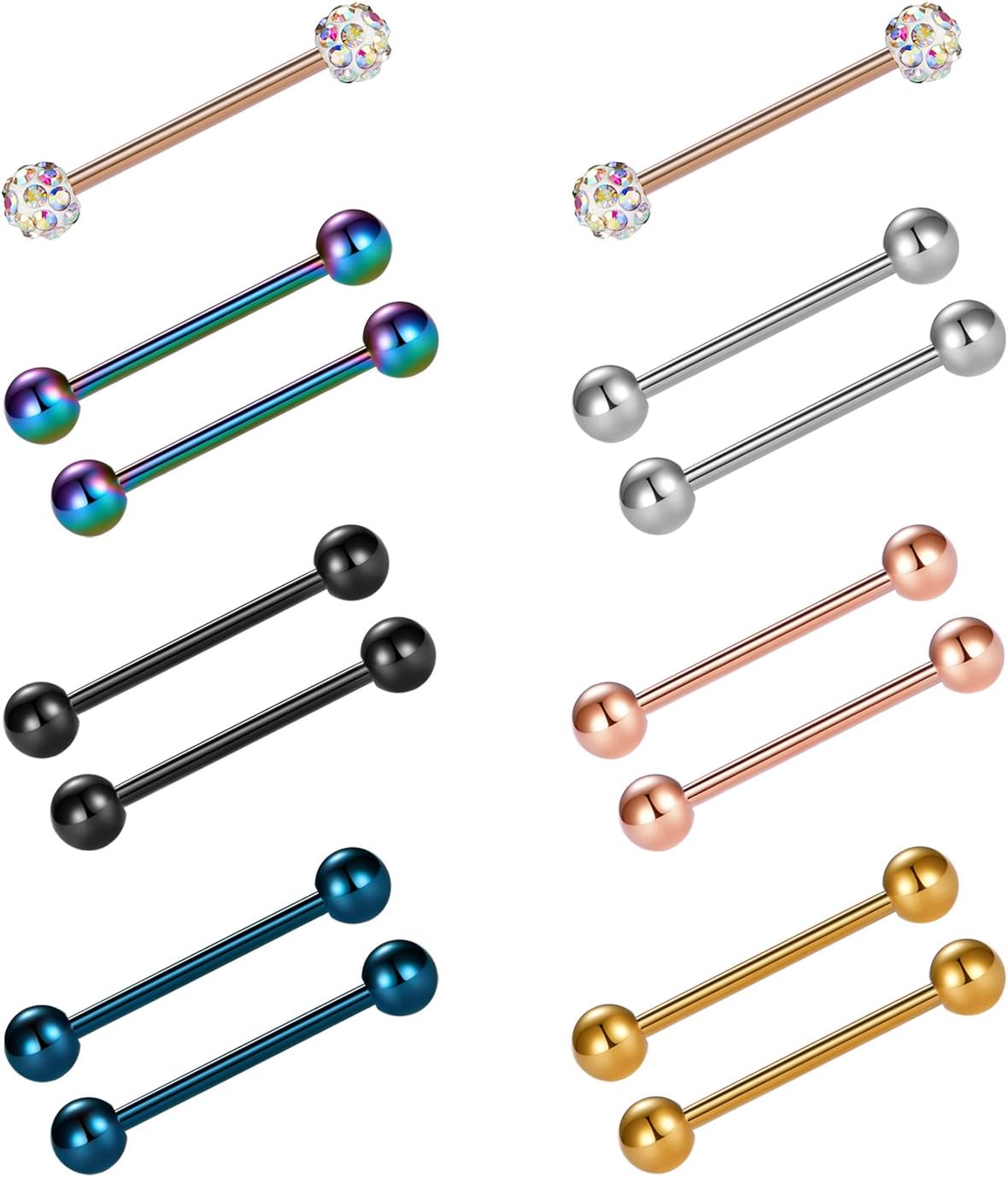 VCMART 12mm-18mm 14G Tongue Rings Nipple Straight Barbells Surgical Steel Body Piercing Jewelry