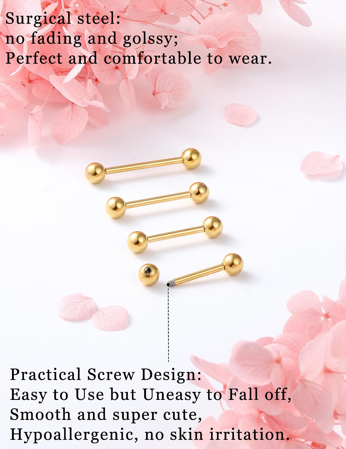 14G 16G Nipple Tongue Rings Stainless Steel Straight Barbells Piercing Jewelry Short Long Bar Silver Black Gold Bridge Piercings For Women Men 12Mm 14Mm 16Mm 18Mm Length Ball Size 5MM 6MM